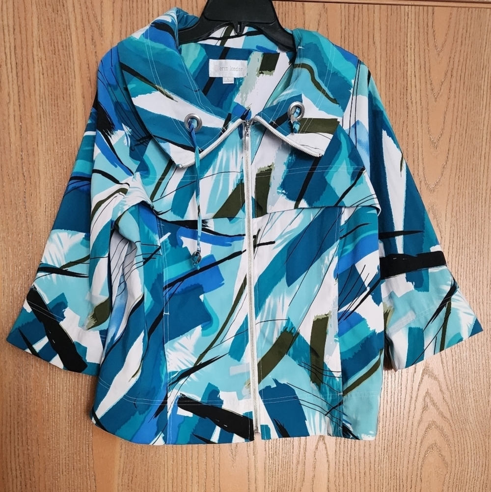 Erin London Zip-Up Women's Jacket Abstract Print Pockets Capelet Collar Sz L